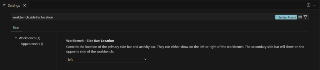 workbench.sideBar.locationのSetting画面